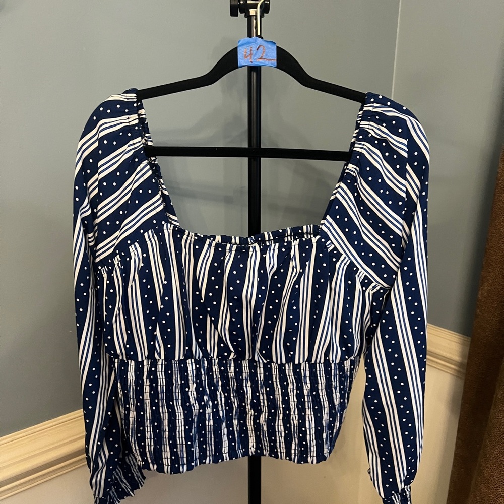 Chic Navy Blue Striped and Dotted Blouse‎